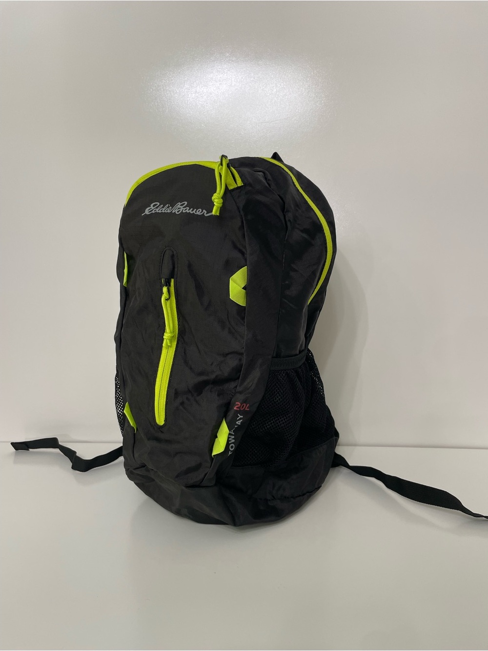 Eddie Bauer Stowaway Backpack Black Neon Yellow 20L Packable Gorpcore Travel